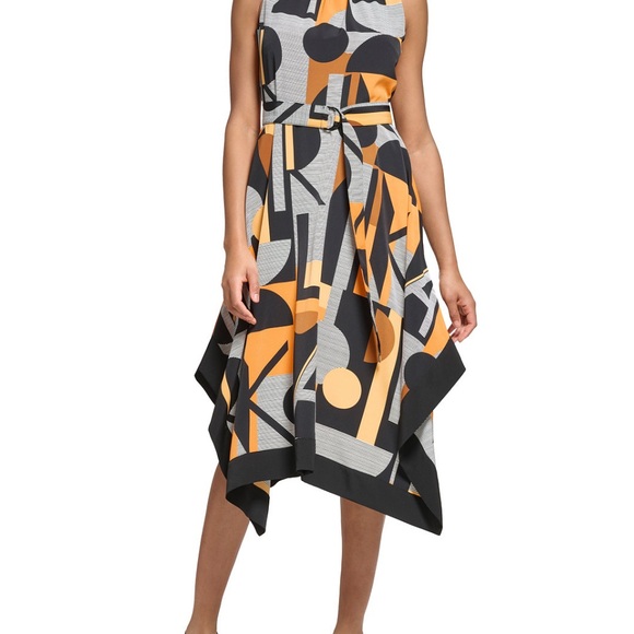 Karl Lagerfeld Asymmetrical Dress in Orange and Black - Picture 3 of 16